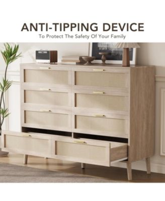 Rattan 8-Drawer Double Dresser, Modern Wood Storage Chest with Gold Handles for Bedroom, Living Room, Closet, or Entryway