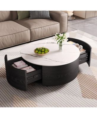 Modern Round Movable Coffee Table with Casters, 2 Drawers, Marble Pattern Sintered Stone Top