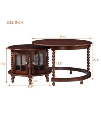 31.3" Vintage Walnut Coffee Table with Bamboo-Shaped Glass Doors, Nesting Design