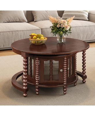 31.3" Vintage Walnut Coffee Table with Bamboo-Shaped Glass Doors, Nesting Design