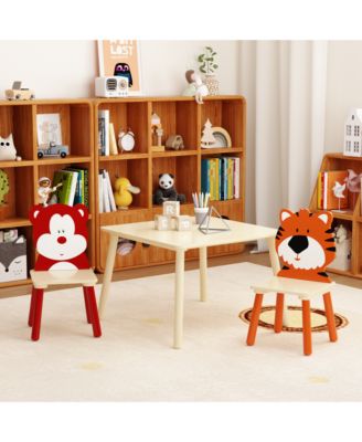 3-Piece Kids Table and Chair Set with Bear and Tiger Theme in Natural