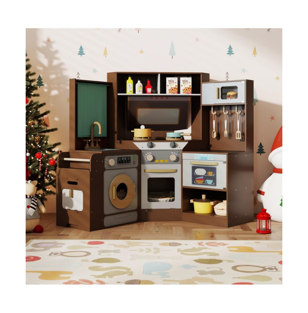 Hongge Corner Kids Play Kitchen with Lights Sounds and Pull Out Trash Bin.