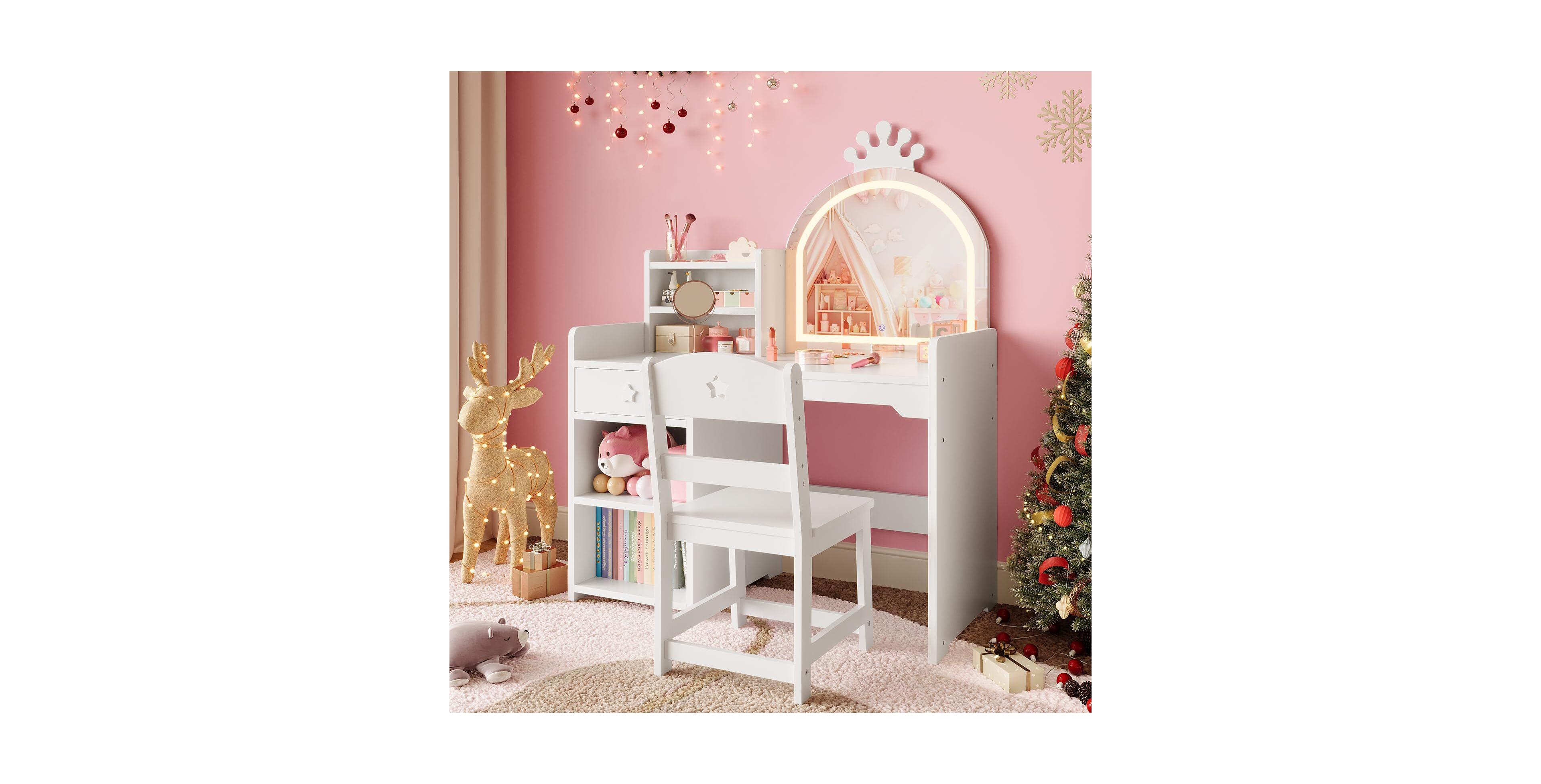 "Gaomon Kids Vanity Table & Chair Set with Mirror, Lights, Drawer Shelves – White Wooden Makeup Desk for Little Girls Bedroom"