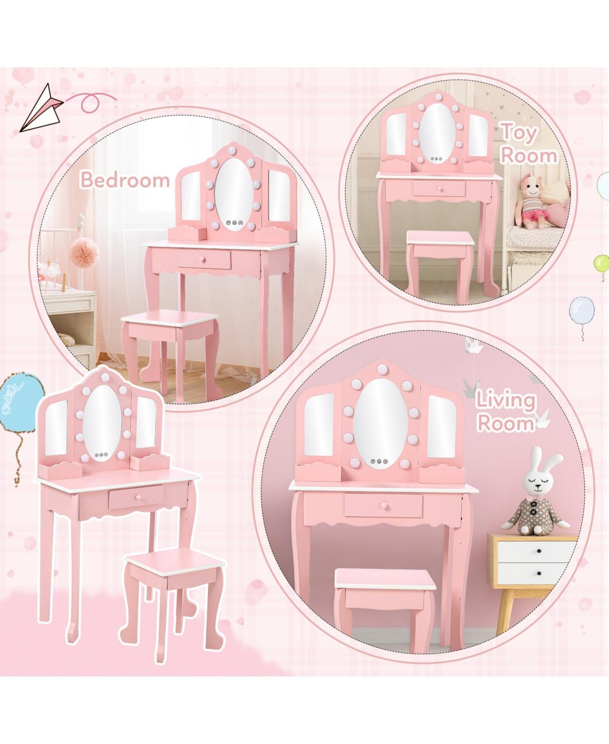 gaomon Kids Vanity with Lighted Mirror, Little Girls Table & Stool, Makeup Tri-Fold Drawer Storage Grid for 3-9 Yrs