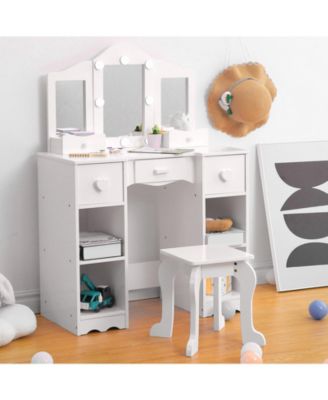Kids Vanity Set, 2-in-1 Princess Makeup Table with Tri-Folding Mirror & Drawer, Stool, Toddler Vanity, Pretend Play Vanity Set for Kids