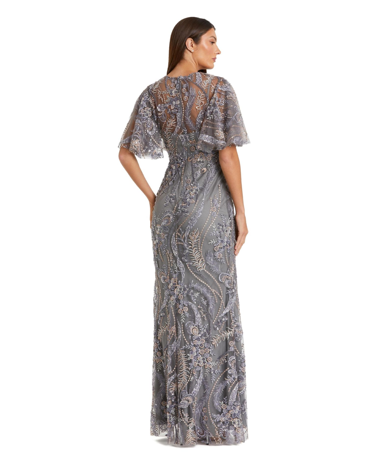 Women's High Neck Flutter Sleeve Floral Embroidered Gown