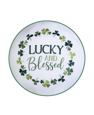 Lucky & Blessed Typography St. Patrick's Clover Embroidered Round Throw Pillow, 18" x 18"