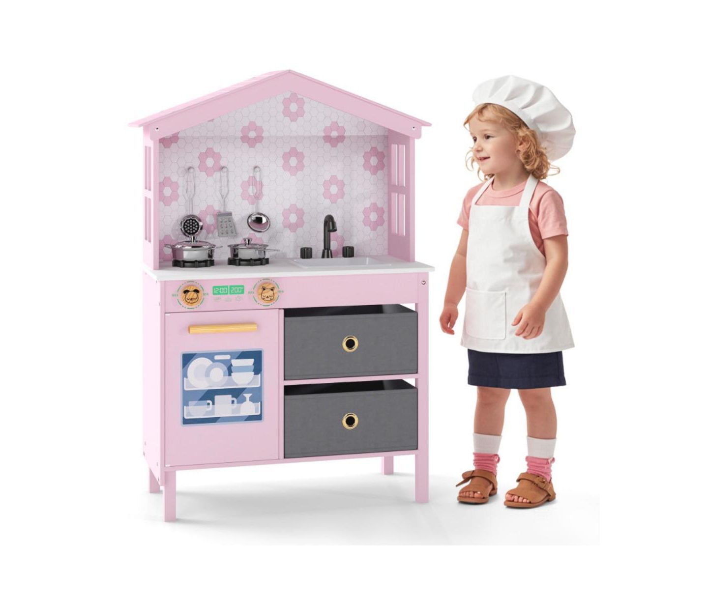 Детская игрушка HONGGE Dual Stoves Wooden Play Kitchen, Ages 3+, цвет: Розовый — фото 6