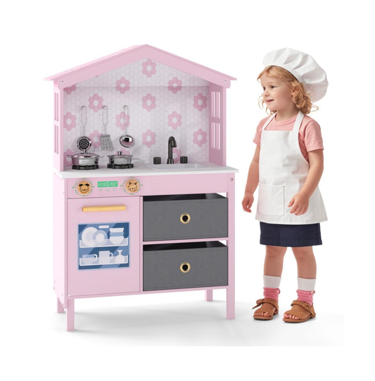 Hongge Kids Play Kitchen with Dual Stoves and Turning Knobs
