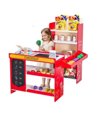 Kids Wooden Grocery Store Playset with Conveyor Belt and Scanner