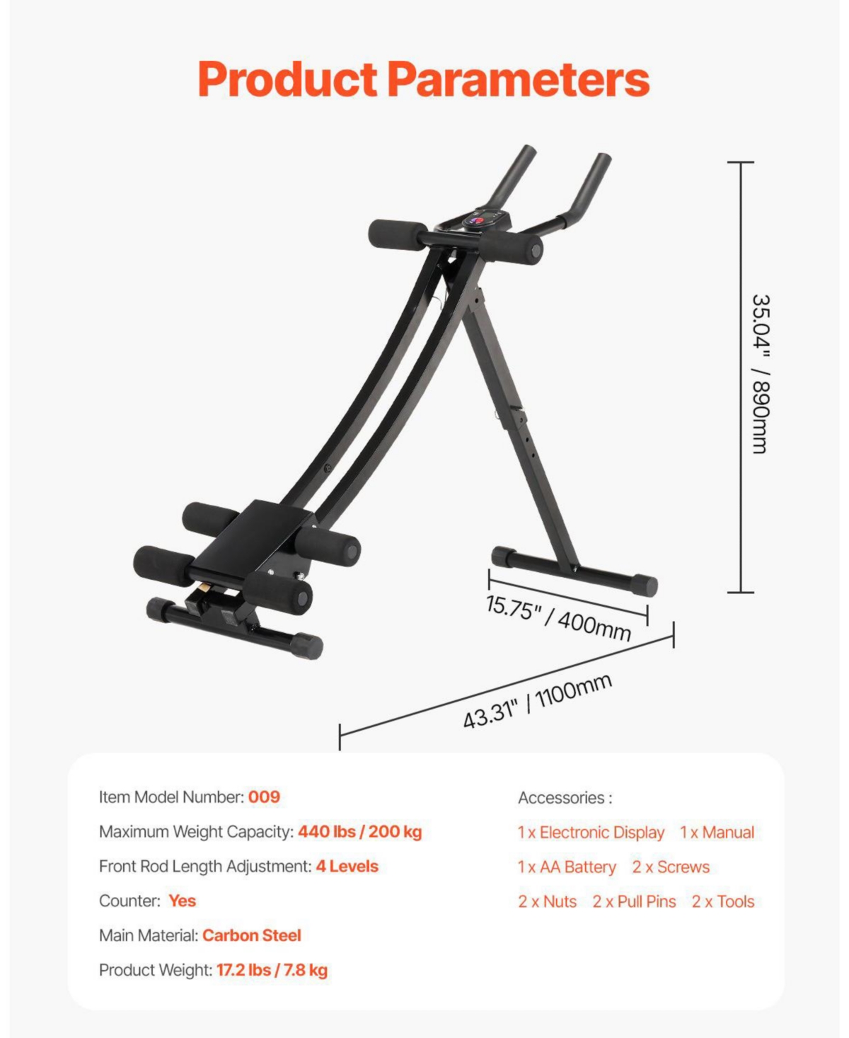 Mecale Ab Workout Machine, Foldable Core Trainer with Adjustable Resistance for Home Exercise, 440 lb Capacity
