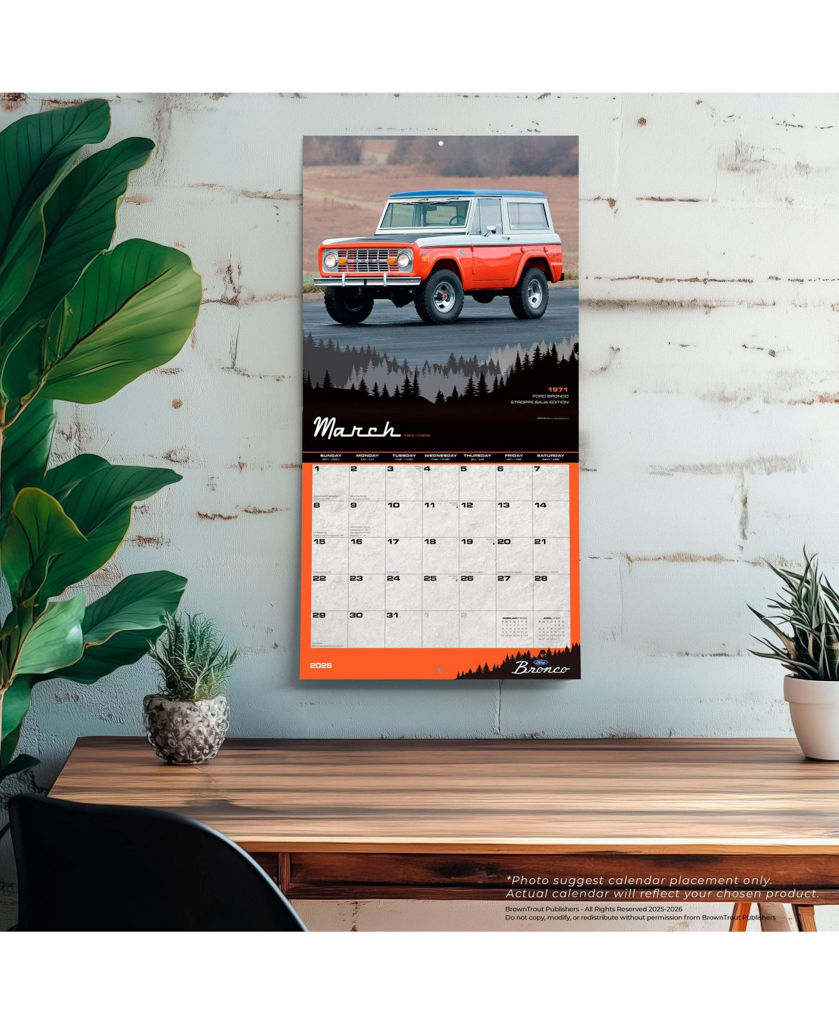 BrownTrout Ford Bronco Official | 2026 12 x 24 Inch (Hanging) Monthly Square Wall Calendar | Plastic-Free