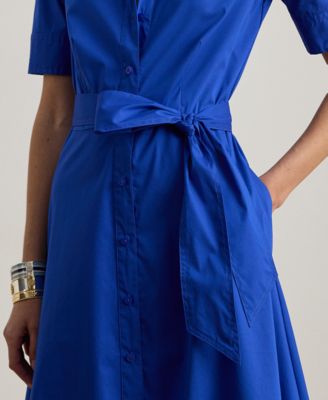 Women's Petite Belted Point Collar Shirt Dress