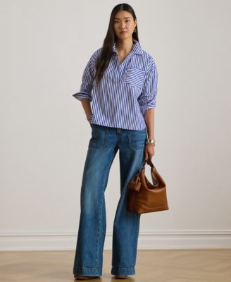 Petite Striped Long-Sleeve Cropped Shirt