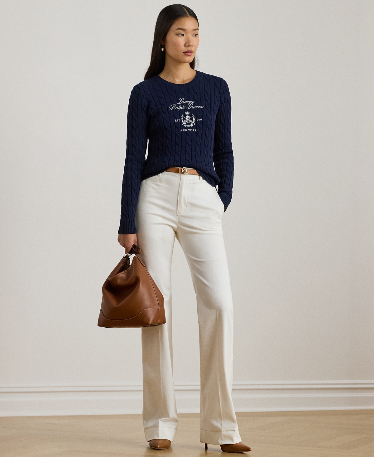 Lauren Ralph Petite Embroidered-Crest Crewneck Sweater