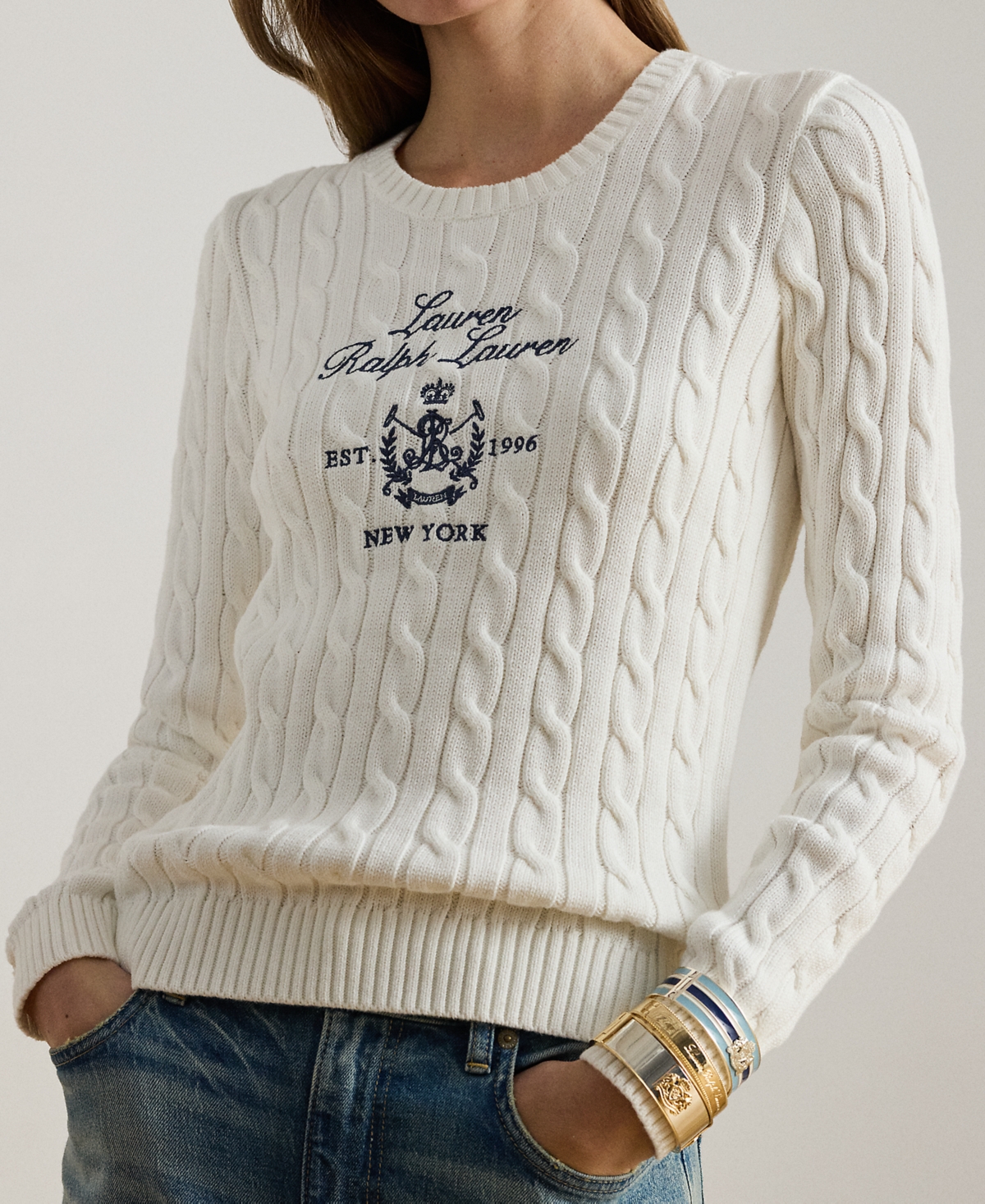 Lauren Ralph Petite Embroidered-Crest Crewneck Sweater