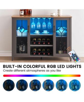 LED Wine Bar Cabinet with Glass Rack and Storage, Home Coffee & Liquor Sideboard Buffet