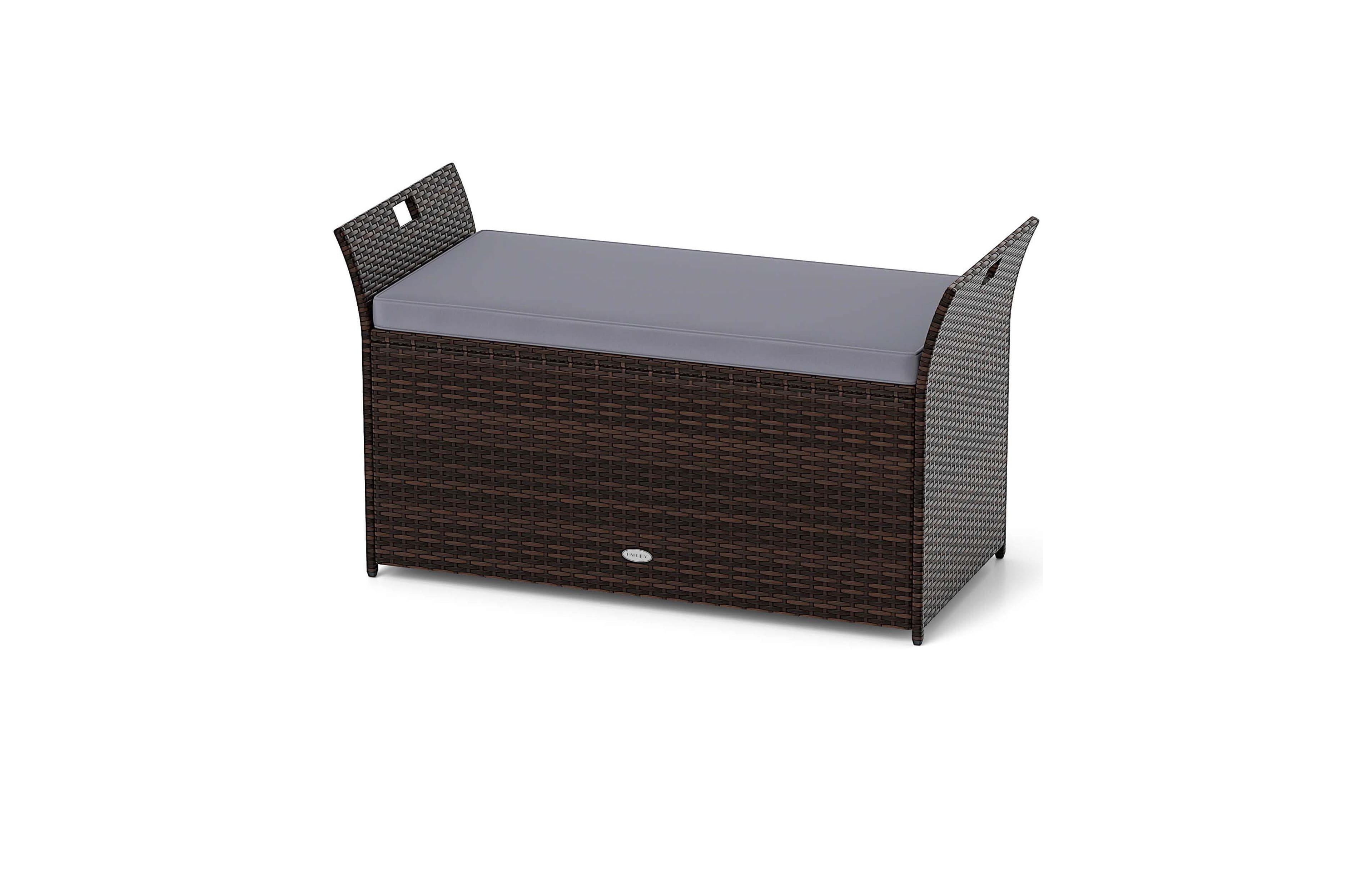 Costway Outdoor Bench with Hand-woven Pe Rattan Wicker Cushion & Side Handles Storage