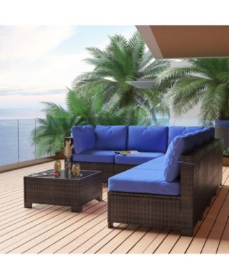 7-Piece Outdoor Rattan Patio Furniture Set with Detachable Cushions and Glass Top Table