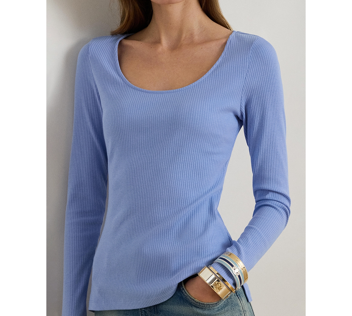 Lauren Ralph Women's Rib-Knit Long-Sleeve Scoop Neck Top