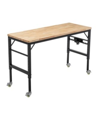 60" Adjustable Rubber Wood Workbench with Power Outlets & Wheels, 2000 LBS Load Capacity
