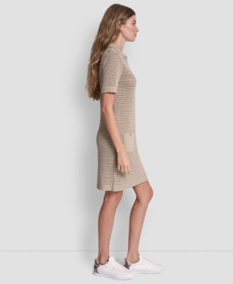 Women's Short-Sleeve Polo Collar Faux Crochet Stitch Short Dress