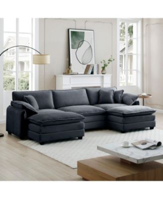 Grey Corduroy Modular Sofa with Ottoman & Footstools