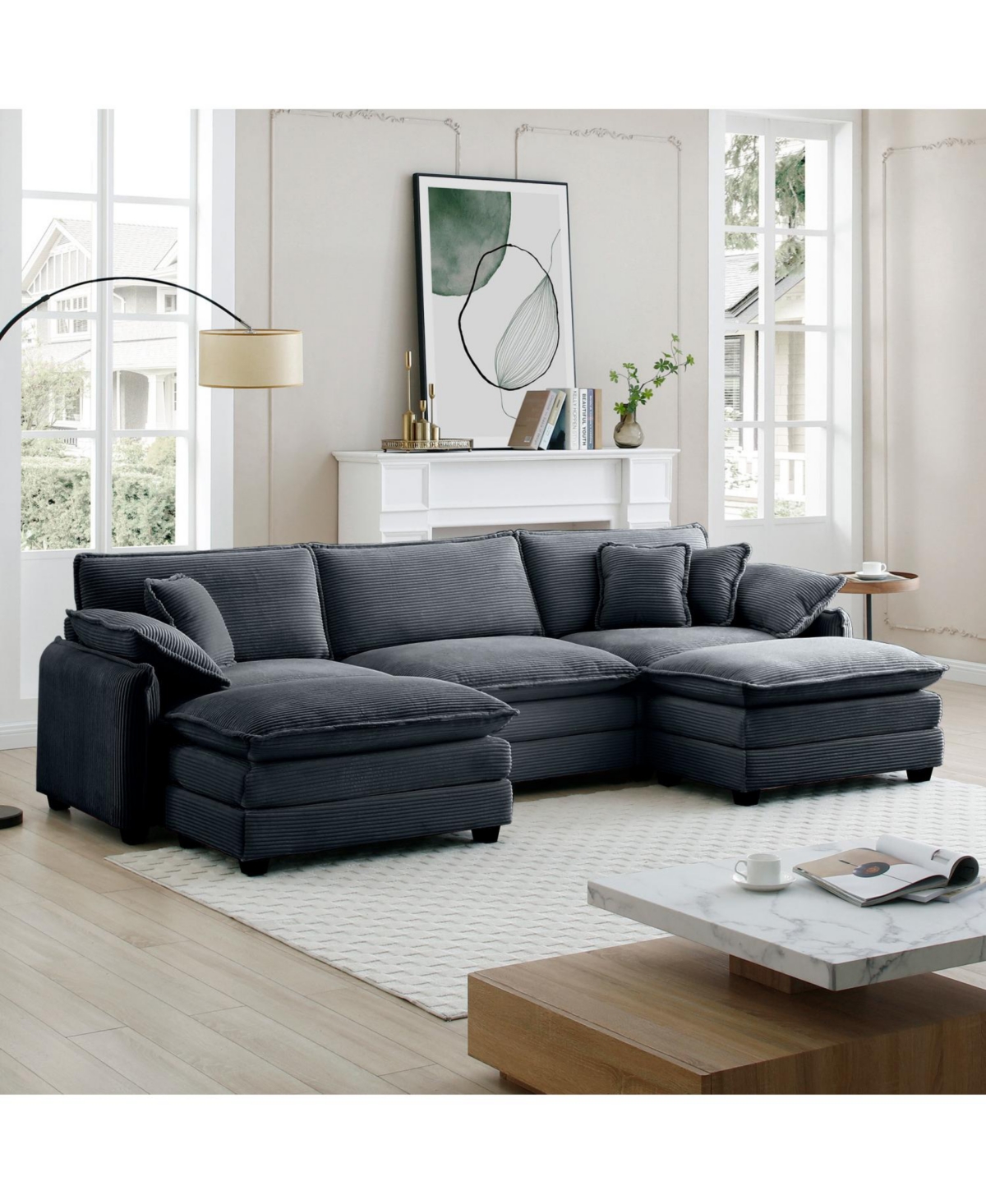 Streamdale Furniture Grey Corduroy Modular Sofa with Ottoman & Footstools