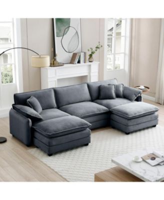 Grey Corduroy Modular Sofa with Ottoman & Footstools