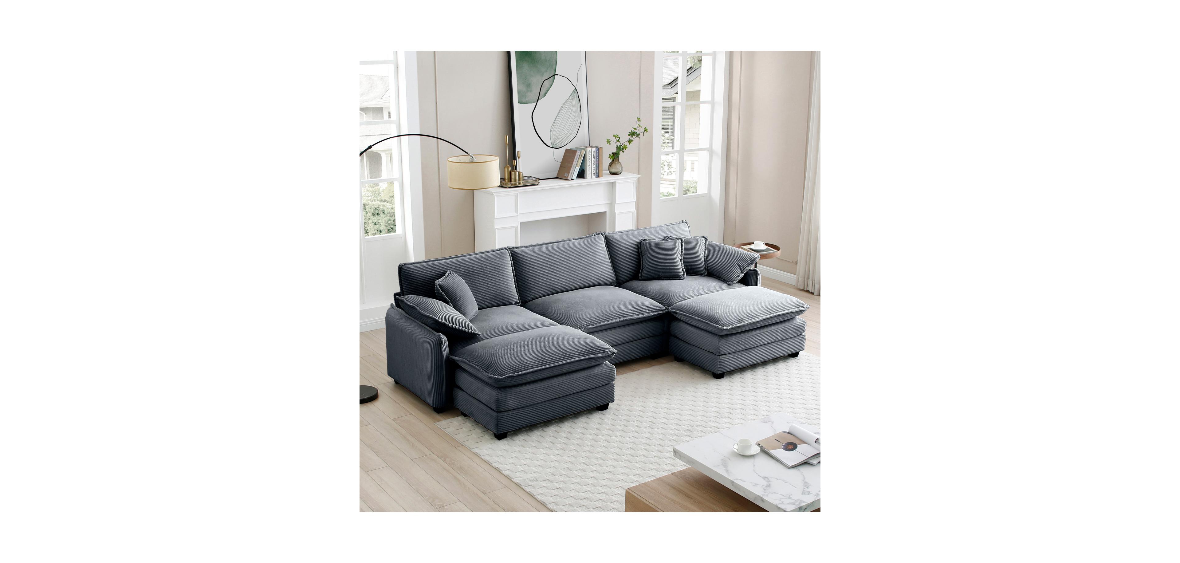 Streamdale Furniture Grey Corduroy Modular Sofa with Ottoman & Footstools