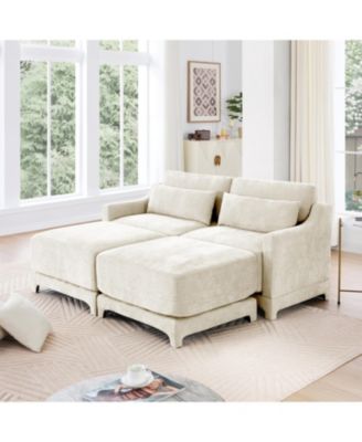 Chenille 2-Seater Sofa w/ Ottomans & Pillows
