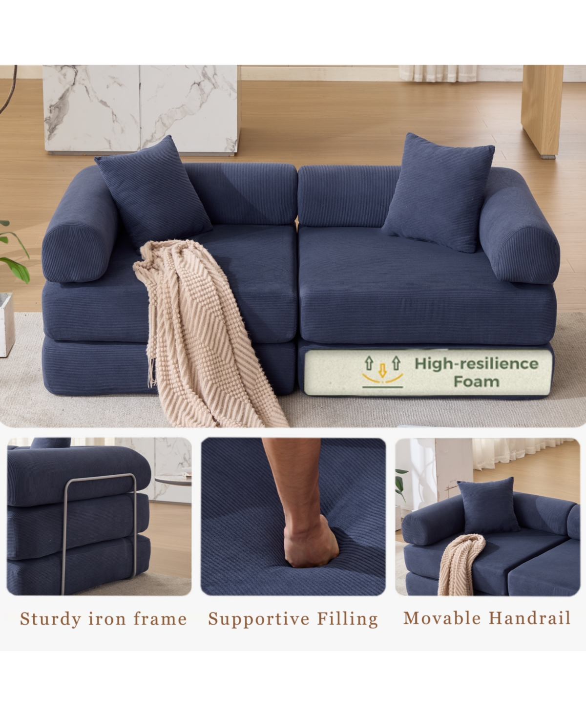 Streamdale Furniture Modular Couch Sofa Bed for Apartment, Convertible Sofa Bed, Blue