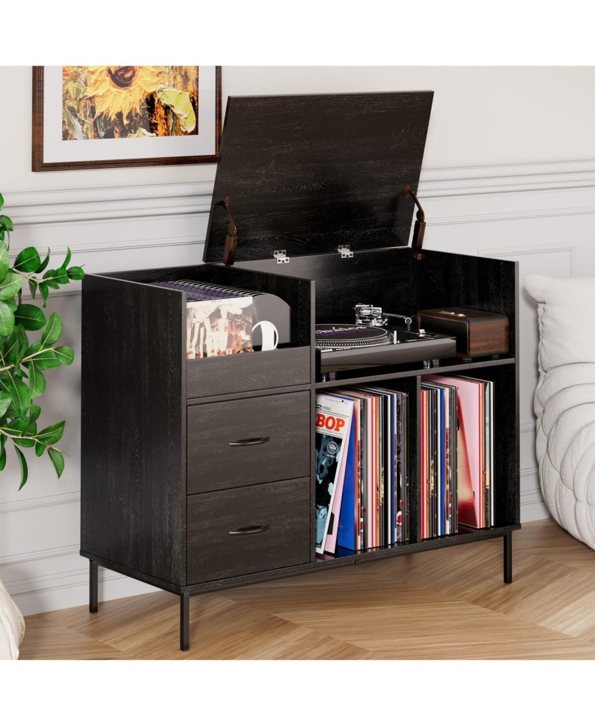 Streamdale Furniture Record Player Stand with Power Outlet, Flip-Down Lid, Storage, Black Wood Grain
