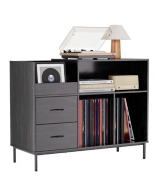 Record Player Stand with Power Outlet, Flip-Down Lid, Storage