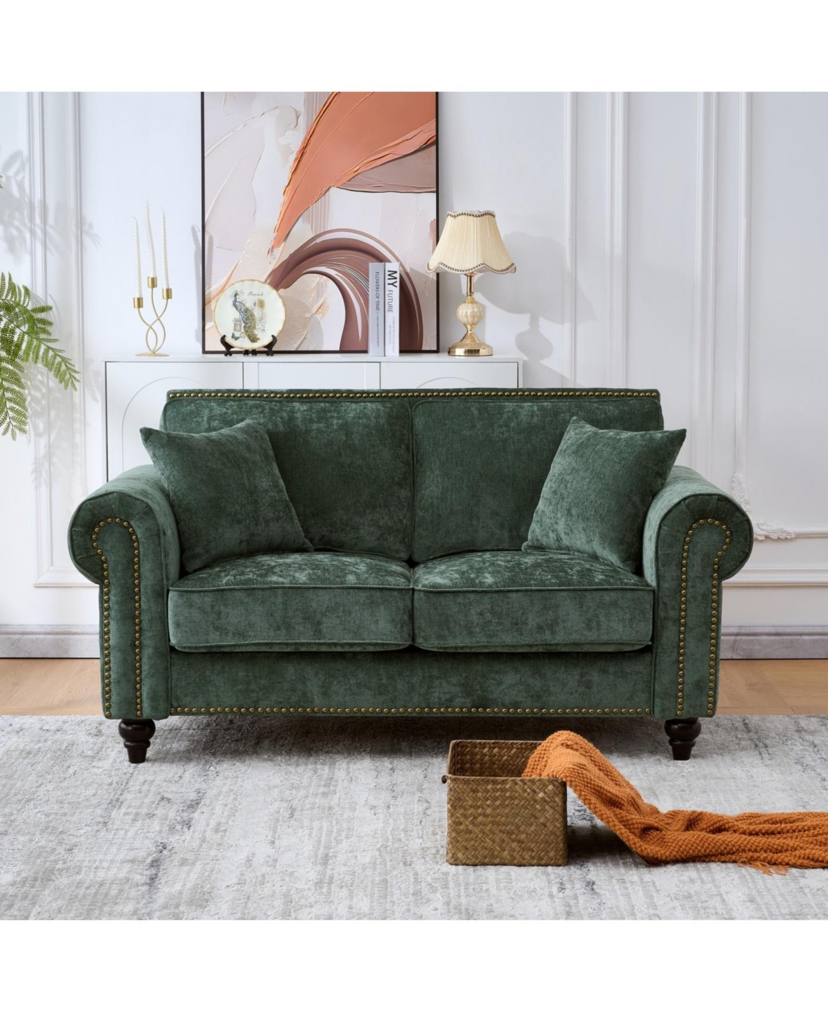 Streamdale Furniture Modern Chenille 3+2 Seater Sofa with Rolled Arms, Wood Legs, Green