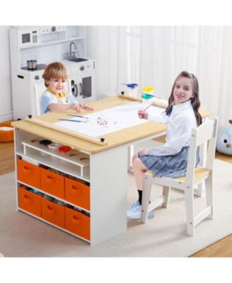 Kids Art Table and 2 Chairs, Wooden Activity Table with Storage Bins for Crafts, Drawing, and Study, Ideal for Home or Classroom