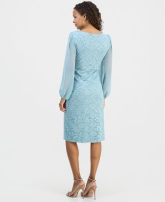 Petite Sequined Lace Blouson-Sleeve Dress