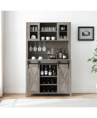 70" Kitchen Pantry Cabinet with Sliding Barn Door, Coffee Bar, Wine and Stemware Rack, Adjustable Shelves, Gray