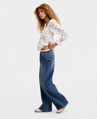 Juniors' Lace-Trim Wide-Leg Baggy Jeans