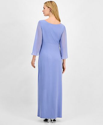 light blue long dress with sleeves Midi Cotton Voluminous and Sweetheart Neckline waisted dress styles Women's 3/4 Sleeve Cotton Linen