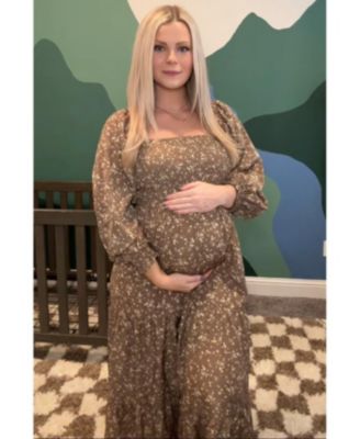 Maternity Cream Floral Smocked Long Sleeve Maxi Dress