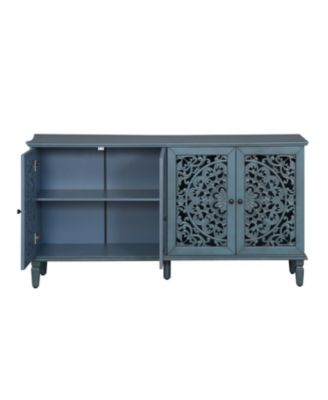 Streamdale 60" Antique Blue Buffet Cabinet - Floral Carvings, Solid Wood Legs