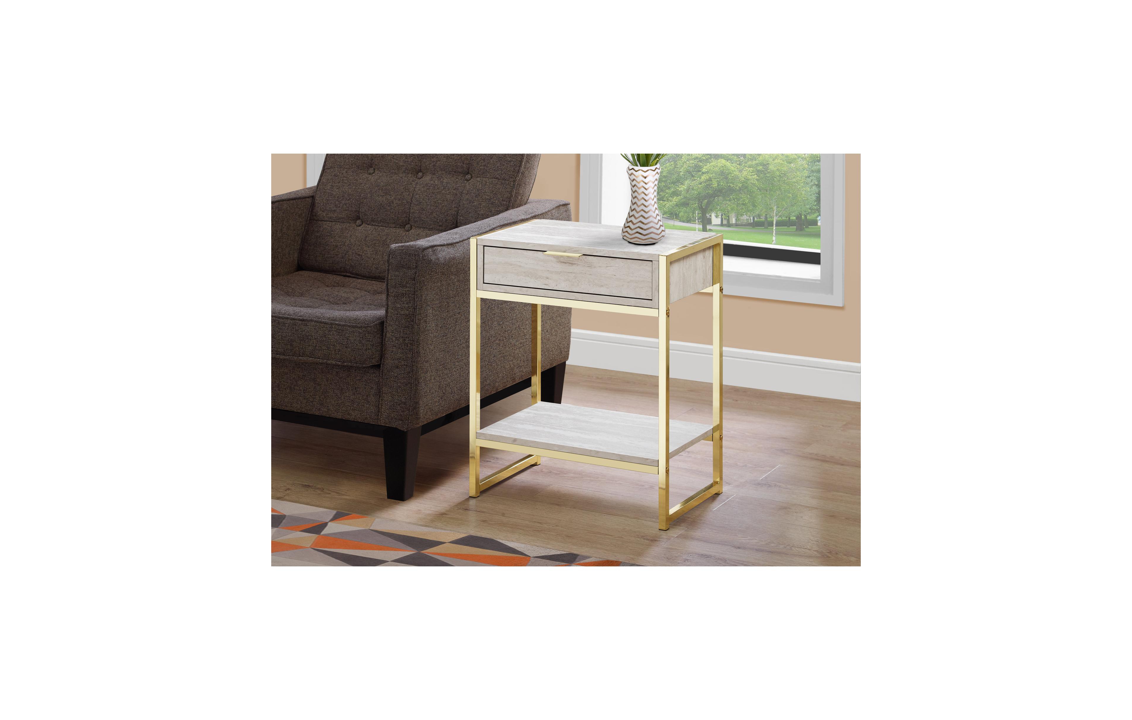 Lovmor Accent Table, Side, End, Nightstand, Lamp, Storage Drawer, Living Room, Bedroom, Beige Marble Look Laminate, Gold Metal, Contemporary, Modern