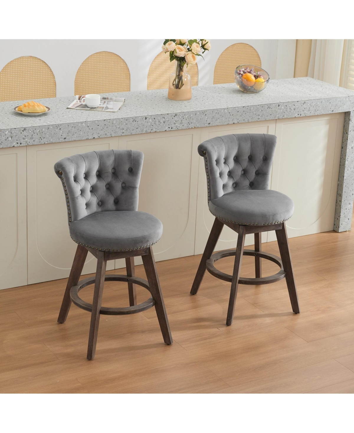 Boyel Living Set of 2 Velvet Bar Stools with Ergonomic Backrest 360° Swivel Kitchen Counter Stools