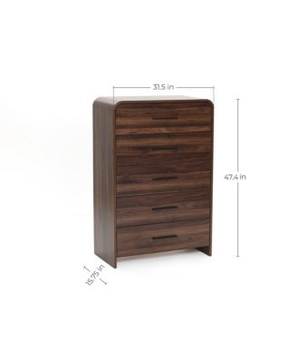 Modern Walnut Finish 5-Drawer Chest, Engineered Wood Storage Dresser with Rounded Corners