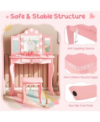 Kid Vanity Table Stool Set Tri-Folding Mirror Adjustable 3-Color LED