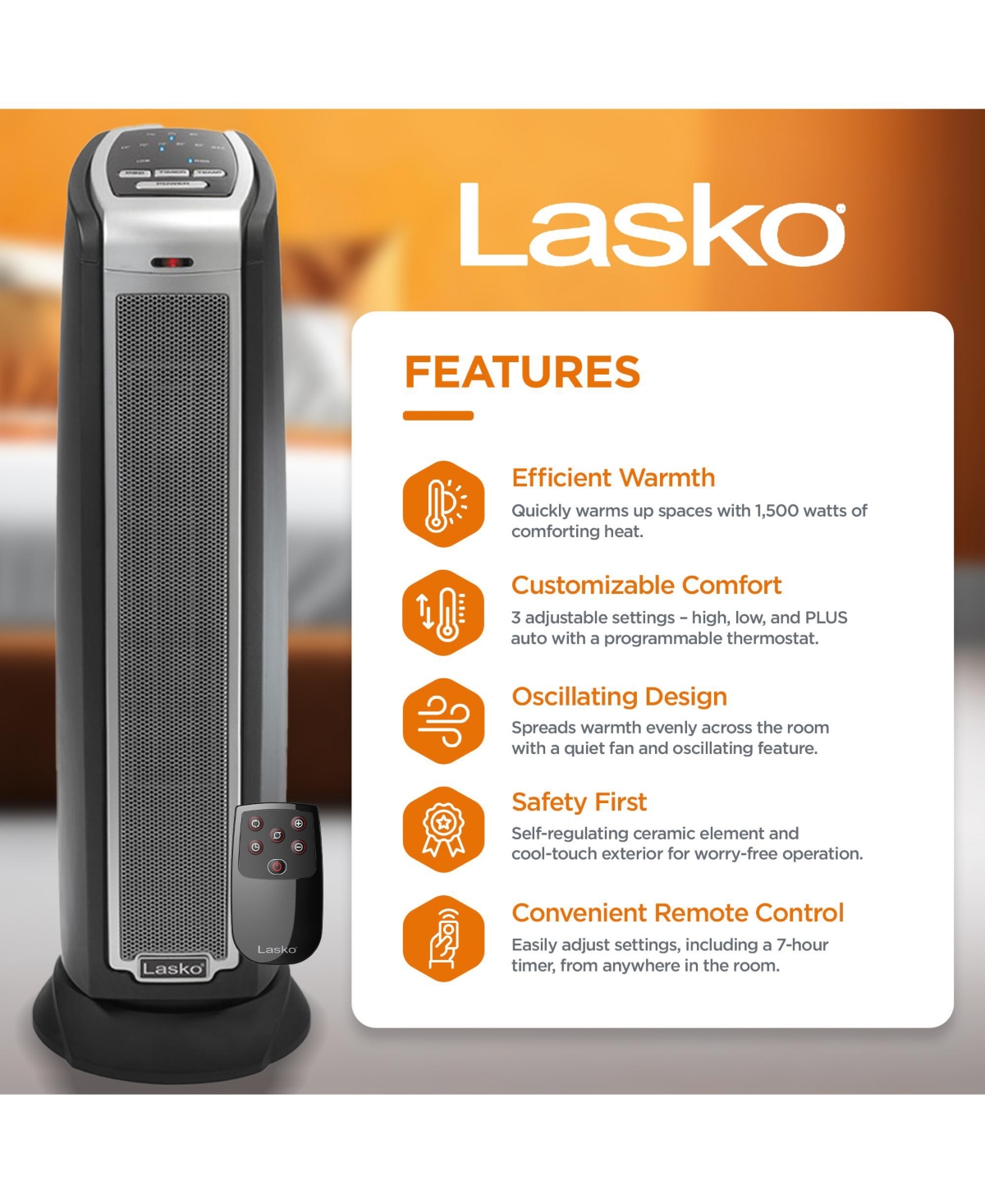 Lasko 5790 Portable Electric 1500W Room Oscillating Ceramic Tower Space Heater