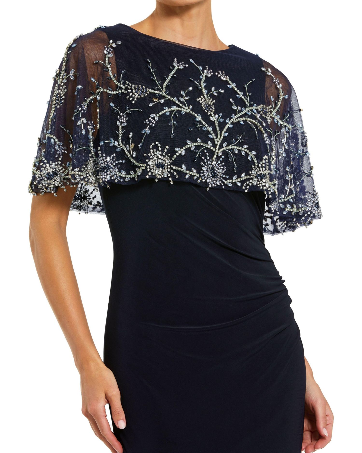 Women's Fitted Jersey Gown with Embellished Cape
