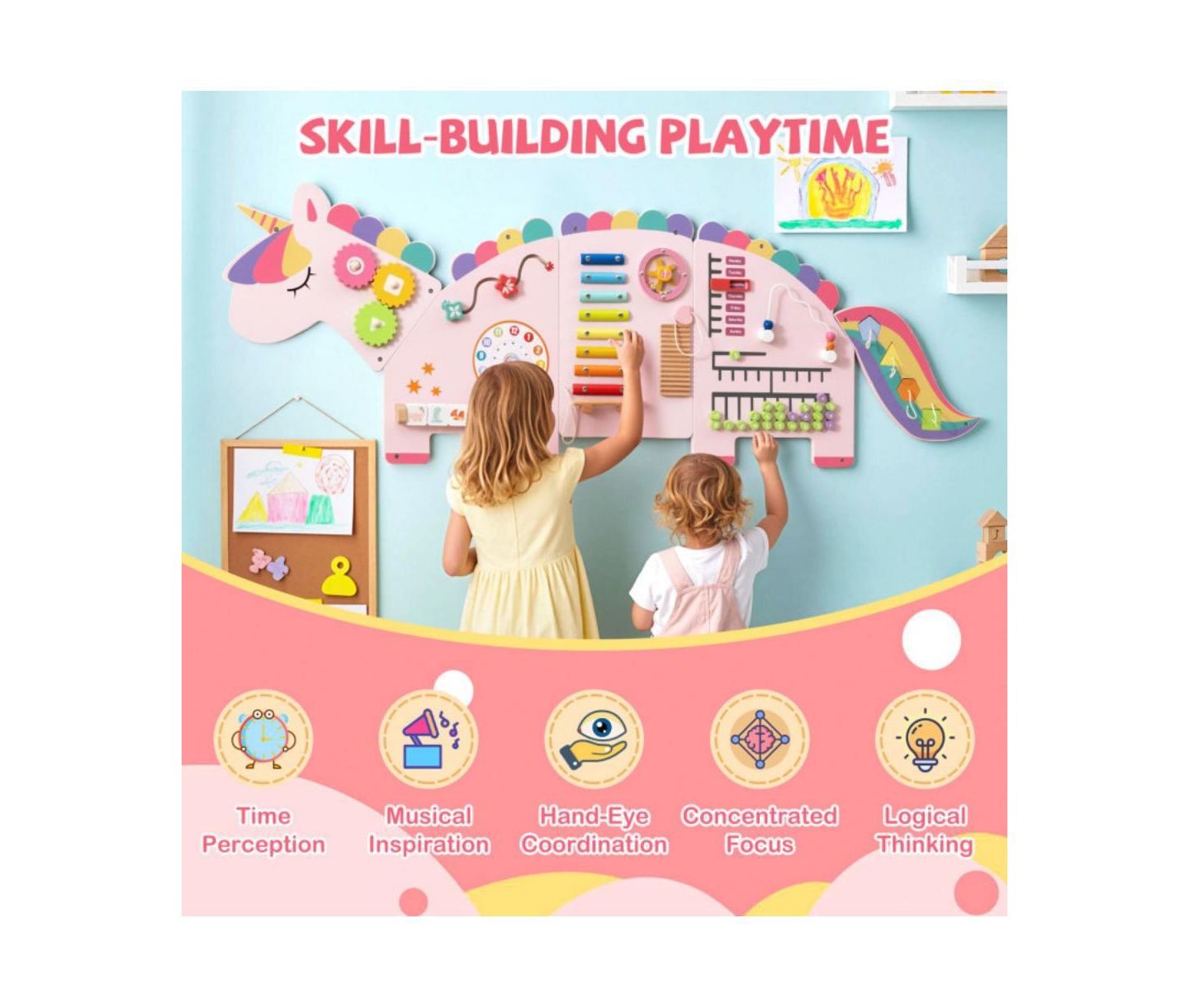 Детская игрушка HONGGE Kids Montessori Sensory Busy Board with 11 Learning Activities, цвет: Розовый — фото 10