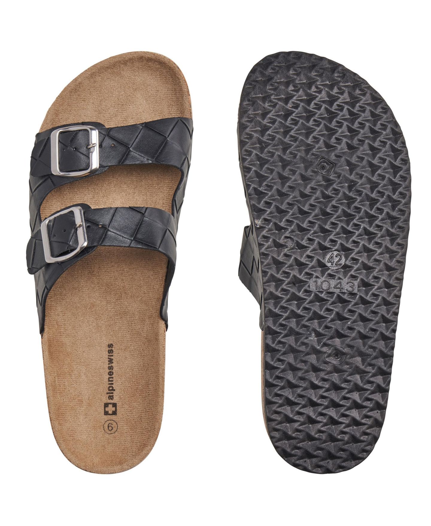 Мужские сандалии Alpine Swiss Double Strap Contour Sandals Slip on Buckle Slides Faux Leather Footbed Sandal Ergonomic Cork-Inspired Sole Summer Footwear, цвет: Чёрный — фото 6